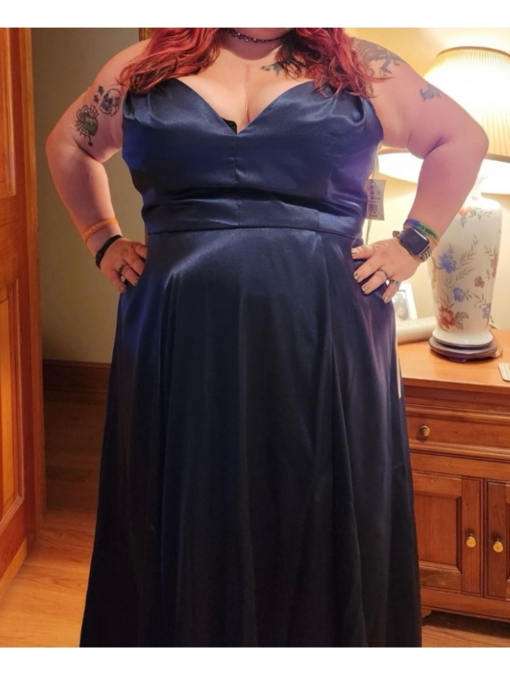 Galina Long V-Neck Spaghetti Strap Dress Marine (Navy) Blue NWT